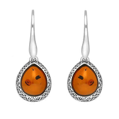 Sterling Silver Cognac Amber Basket Weave Edge Pear Hook Earrings E2501_C