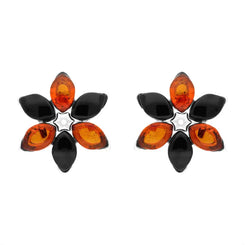 Sterling Silver Whitby Jet Amber Flower Stud Earrings E2506