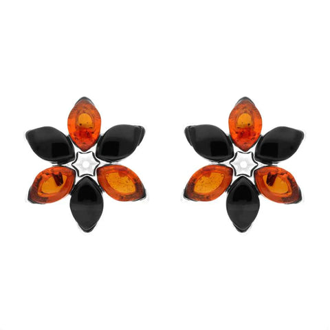 Sterling Silver Whitby Jet Amber Flower Stud Earrings E2506