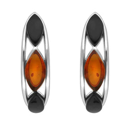 Sterling Silver Whitby Jet Amber Marquise Curved Hoop Earrings E2511