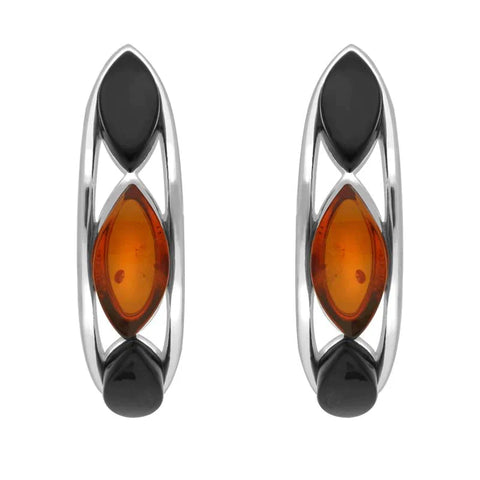 Sterling Silver Whitby Jet Amber Marquise Curved Hoop Earrings E2511