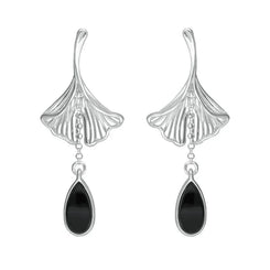 Sterling Silver Whitby Jet Teardrop Ginkgo Biloba Leaf Drop Earrings, E2514.