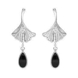 Sterling Silver Whitby Jet Teardrop Ginkgo Biloba Leaf Drop Earrings, E2514.