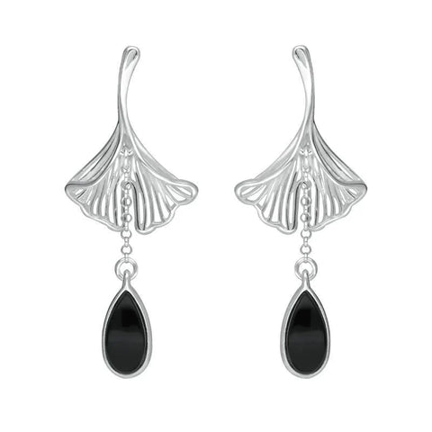 Sterling Silver Whitby Jet Teardrop Ginkgo Biloba Leaf Drop Earrings, E2514.