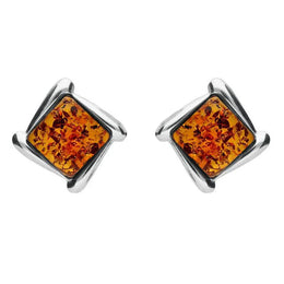 Sterling Silver Amber Square Wave Stud Earrings, E2175.