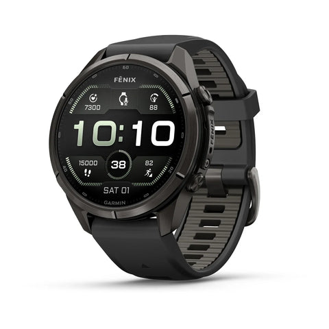 A black Fenix smartwatch with a round display and a textured black strap, shown at a three-quarter angle on a clean white background.