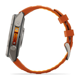 A rugged smartwatch with a metallic silver-gray case and a vibrant orange textured strap, shown from a side profile view on a clean white background.