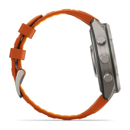 A side profile view of a rugged smartwatch with a textured orange silicone strap and a metallic gray case, shown against a plain white background.
