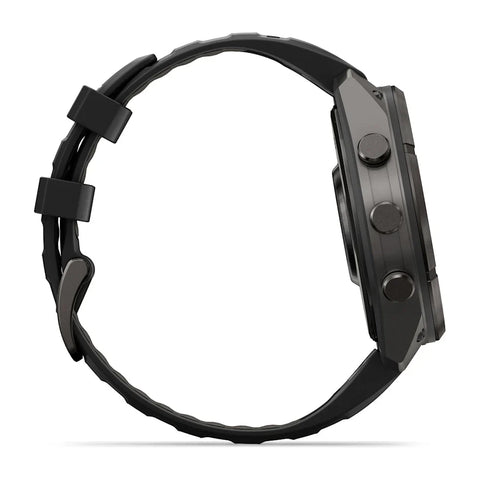 A black rugged smartwatch shown from a side profile view against a clean white background.