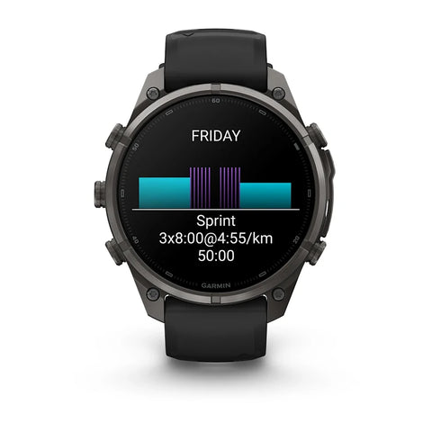 A Garmin smartwatch with a black strap and dark metallic case, shown from the front on a white background. The watch screen displays a fitness summary for 'FRIDAY' with a sprint workout record.