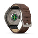 A Fénix 9 Pro smartwatch with a brown leather strap and a dark metallic case, shown from the back on a clean white background.