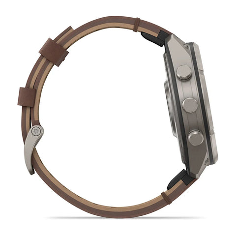 A side profile view of a rugged smartwatch with a brown leather strap and a metallic gray case, set against a plain white background.