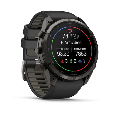 A black Garmin smartwatch with a round display showing fitness metrics, set against a clean white background.