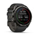 A black Garmin smartwatch with a round display showing fitness metrics, set against a clean white background.