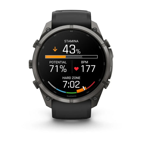A Garmin smartwatch with a dark gray metallic case and a black strap, shown against a plain white background. The watch face is illuminated with a black background displaying various fitness metrics and colorful graphics.