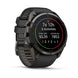 A black Garmin smartwatch with a round display showing fitness metrics, set against a clean white background.