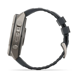 A Fendi smartwatch shown from a side profile view, featuring a dark gray textured strap and a metallic gray case with Fendi branding on the side.