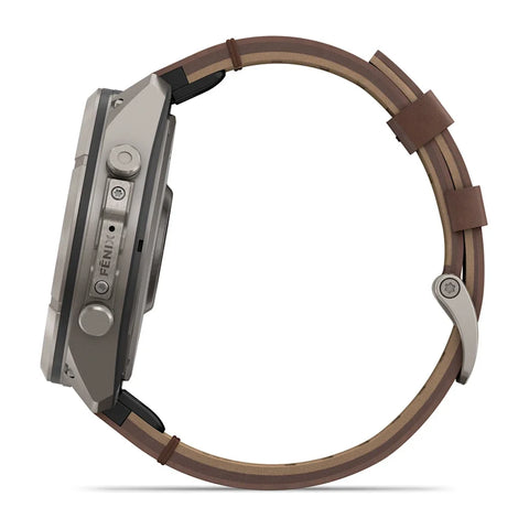 A side profile view of a smartwatch with a metallic gray case and a brown leather strap, shown against a plain white background.