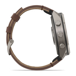 A side profile view of a smartwatch with a brown leather strap and a metallic gray case, shown against a plain white background.
