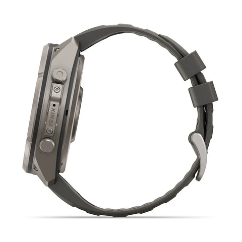 A Fendi smartwatch shown from a side profile view, featuring a dark gray textured strap and a metallic gray case with Fendi branding on the side.