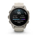 A Garmin smartwatch with a round silver-toned metal case and a light beige silicone strap, shown on a clean white background. The watch face is illuminated with a sleep tracking screen displaying 'Very Restorative Sleep' and a heart rate reading of 96.