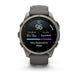 A Garmin smartwatch with a dark gray metallic case and a matching dark gray strap, shown against a plain white background. The watch face is illuminated with a sleep tracking app screen.