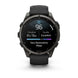 A Garmin smartwatch with a black round case and black strap, shown against a plain white background. The watch face displays a sleep and activity tracking interface.