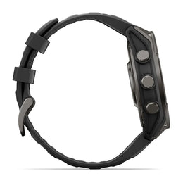 A rugged black smartwatch shown from the side profile against a clean white background.