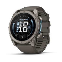 A Garmin Fenix smartwatch with a dark gray metallic case and a matching dark gray textured strap, shown at a three-quarter angle on a white background.
