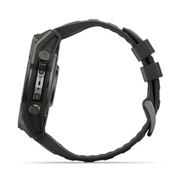 A rugged black smartwatch with a textured rubber strap, shown from a side profile view against a clean white background.