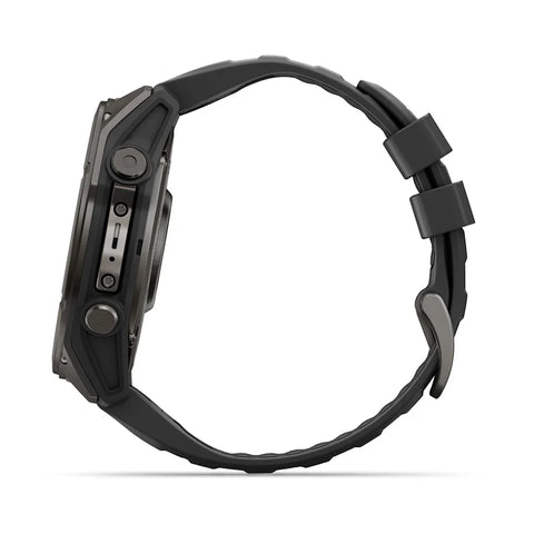 A rugged black smartwatch with a textured rubber strap, shown from a side profile view against a clean white background.