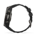 A rugged black smartwatch with a textured rubber strap, shown from a side profile view against a clean white background.