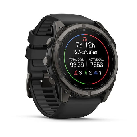 A black Garmin smartwatch with a round display showing fitness metrics, set against a clean white background.