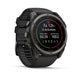 A black Garmin smartwatch with a round display showing fitness metrics, set against a clean white background.