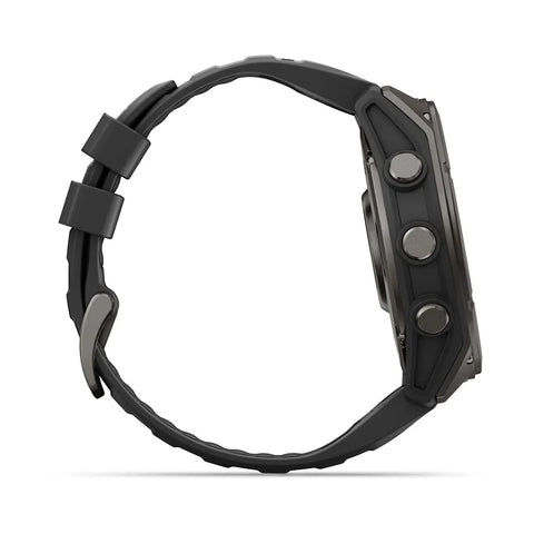 A rugged black smartwatch shown from the side profile against a clean white background.