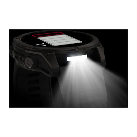 A rugged black smartwatch or flashlight-style device with a solar panel on top and a bright white LED light turned on, casting a beam of light against a black background.