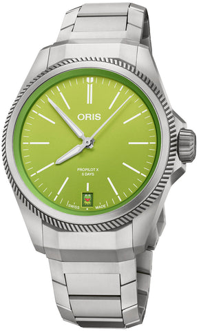 Oris ProPilot x Kermit Edition Watch with green dial, titanium strap, titanium case