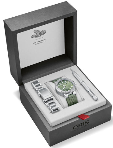 Oris Aquis New York Harbor Limited Edition Watch with green dial, rubber strap, steel case