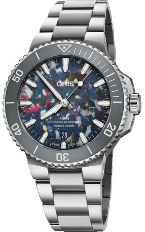 Oris Aquis Date Upcycle 41.5mm Watch with multicoloured dial, steel bracelet, steel case