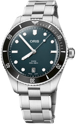 Oris Divers Date Watch with blue dial, steel bracelet, steel case