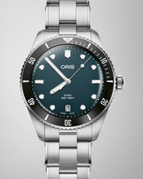 Oris Divers Date Watch with blue dial, steel bracelet, steel case
