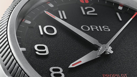 Oris ProPilot Date 41mm Leather Strap Watch with black dial, leather strap, steel case