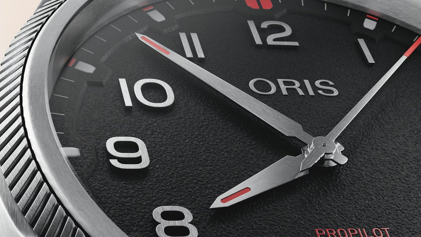 Oris ProPilot Date 41mm Leather Strap Watch with black dial, leather strap, steel case