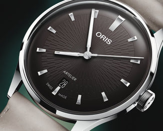 Oris Artelier Date 38mm Brown Leather Watch with black dial, leather strap, steel case