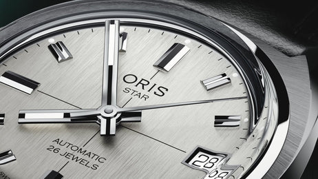 Oris Heritage Star Edition Watch with grey dial, leather strap, steel case