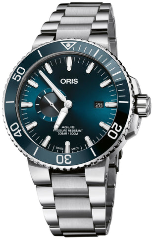 Oris Aquis Date Small Seconds Bracelet Watch with blue dial, steel bracelet, steel case