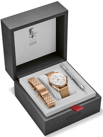 Oris Big Crown Pointer Date Father Time 40mm Limited Edition Watch with white dial, leather strap, bronze case