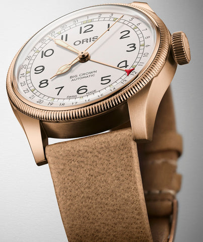 Oris Big Crown Pointer Date Father Time 40mm Limited Edition Watch with white dial, leather strap, bronze case