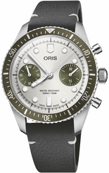 Oris Divers Sixty Five Chronograph Watch with grey dial, leather strap, steel case