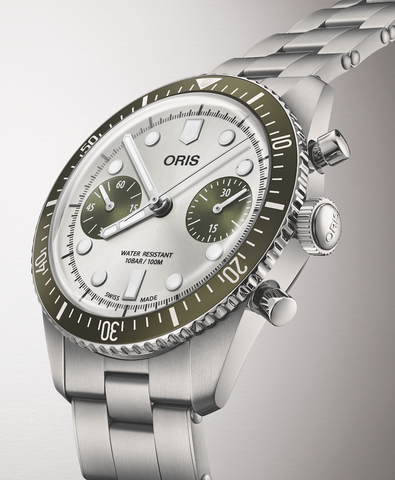 Oris Divers Sixty Five Chronograph Bracelet Watch with grey dial, steel bracelet, steel case